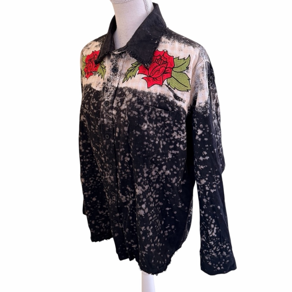 A Rare Bird "Smell the Roses" Distressed Black Flannel Shirt Rose Embroidery - Picture 5 of 12